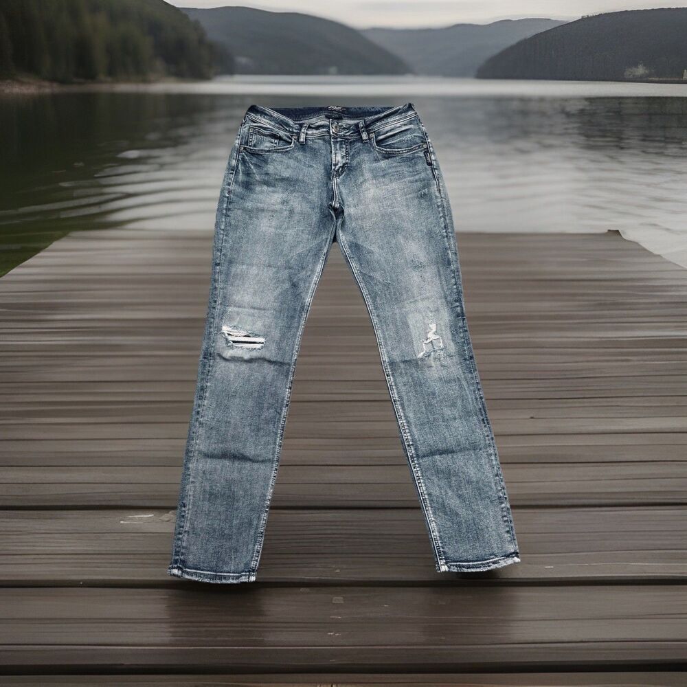 Silver Jeans Sam Slim Leg Skinny 28 (29x29) Blue Distress Patch Womens